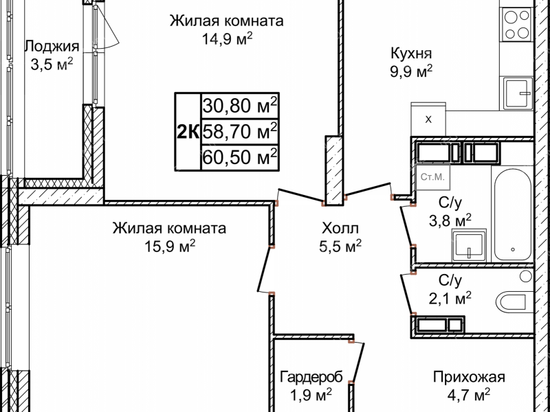 двухкомнатная квартира в ЖК Новое Ольгино, дом 1